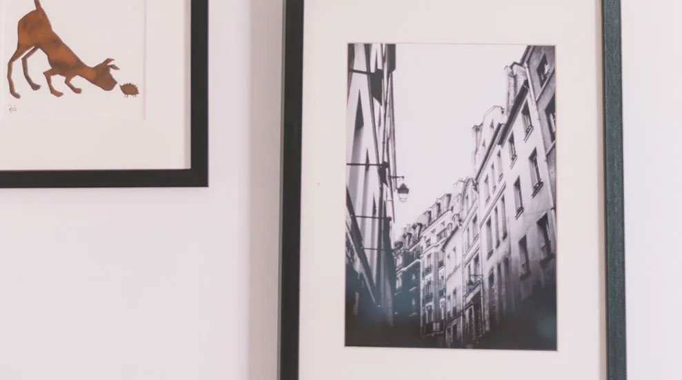 Office pictures framed on a wall of a building and a dog sniffing the ground illustration